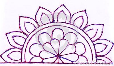 A gel pen hand drawn semi circular petaled design of a half circle on paper. Half Kolam Design, Rangoli Designs In Semi Circle, Simple Circle Rangoli Design, Diwali Rangoli Half Circle, Half Circle Rangoli Designs Small, Circular Rangoli Designs Diwali, Rangoli In Circle Design, Easy Circle Rangoli Designs, Semi Circle Rangoli Designs Diwali