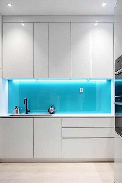 Ultra-modern kitchen with glossy white cabinets and blue glass backsplash Futuristic Kitchen, Glossy Kitchen, Kitchen Materials, Eco Friendly Flooring, Cooking Area, Smart Storage, Stylish Kitchen, Flooring Options, Kitchen Style