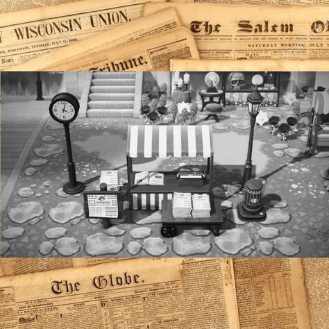 Animal Crossing newspaper stall Newspaper Stand Animal Crossing, Animal Crossing Newspaper Stall, Newspaper Stand Acnh, Stall Ideas Animal Crossing, Acnh Newspaper Stall, Acnh News Stand, Animal Crossing Stall, Acnh Marketplace, Acnh Stall Ideas