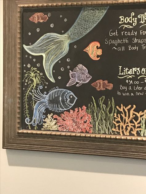 chalkboard art under the sea and mermaids Sea Chalkboard Art, Ocean Chalkboard Art, Under The Sea Chalk Art, Mermaid Chalkboard Art, Beach Chalkboard Art, Mermaid Chalk Art, Chalkboard Wall Diy, Mermaid Chalkboard, Adventure Classroom