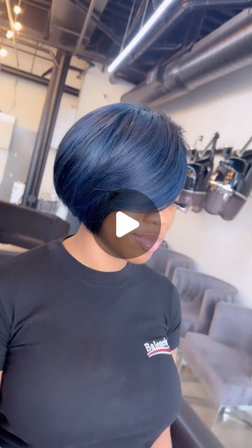 Courtney Pinkk on Instagram: "Turning the new black, BLUE! She asked for an extra short bob, with a custom color that will go with everything… & I DELIVERED! 💙 • •  #coloredbob #blueblackhair #shorthair #cheeklengthbob #atlhair #cutlife #blackhair #sexybob #bobstyle #gorgeoushair #summerbob" Short Bob Weaves Sew In Black Women, Short Bob Wigs For Black Women Side Part, Short Bob Hairstyles On Black Women, Half Bob Quickweave, Short Bob Weave Hairstyles Sew Ins, Short Bob Haircuts With Layers Fine Hair Black Women, Body Wave Bob Quick Weave, Bob With Swoop For Black Women, Blue Bob Black Women