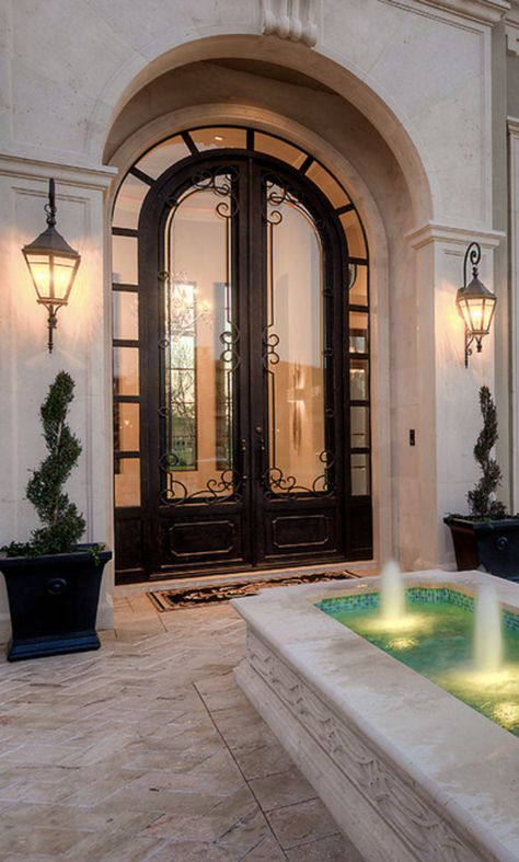 Mediterranean House Entryway, Fancy Front Door Entrance, Front Door Mansion, Huge Front Door, Grand Door Entrance, Grand Front Door Entrance, Main Door Design Entrance Mediterranean, Luxury Front Door Entrance, Mediterranean Entry Door