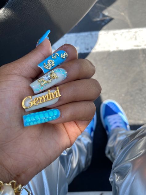 Blue Gemini Nails, Gemini Acrylic Nail Designs, Gemini Bday Nails, Gemini Acrylic Nails, Birthday Nails Gemini, Gemini Nail Art, Gemini Nails Designs, Gemini Nail Ideas, Gemini Birthday Nails