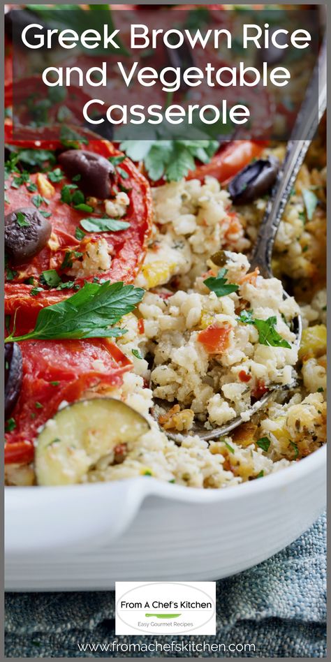 Greek Vegetable Casserole in white baking dish with serving spoon scooping some out. Greek Brown Rice, Rice And Vegetable Casserole, Vegan Entree Recipes, Greek Vegetables, Zucchini Yellow Squash, Vegetable Casserole Recipes, Vegetarian Casserole, Vegetarian Comfort Food, Easy Mediterranean Diet Recipes