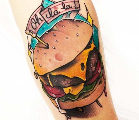 Cheeseburger Tattoo, Bacon Tattoo, Strawberry Tattoo, Neo Trad Tattoo, Lantern Tattoo, Krabby Patty, Food Tattoos, Fusion Ink, World Tattoo