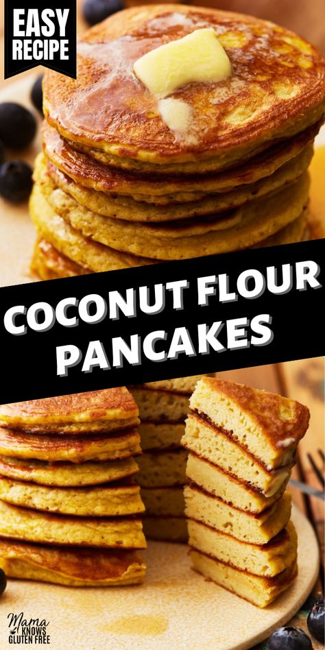 An easy recipe for coconut flour pancakes. This coconut flour pancake recipe is light, delicious, and naturally gluten-free. Vegan Coconut Flour Pancakes, Pancakes With Coconut Flour, Mama Knows Gluten Free, Recipes Using Coconut Flour, Peanut Free Desserts, Coconut Flour Pancakes Recipe, Histamine Diet, Coconut Flour Pancakes, Flours Banana Bread