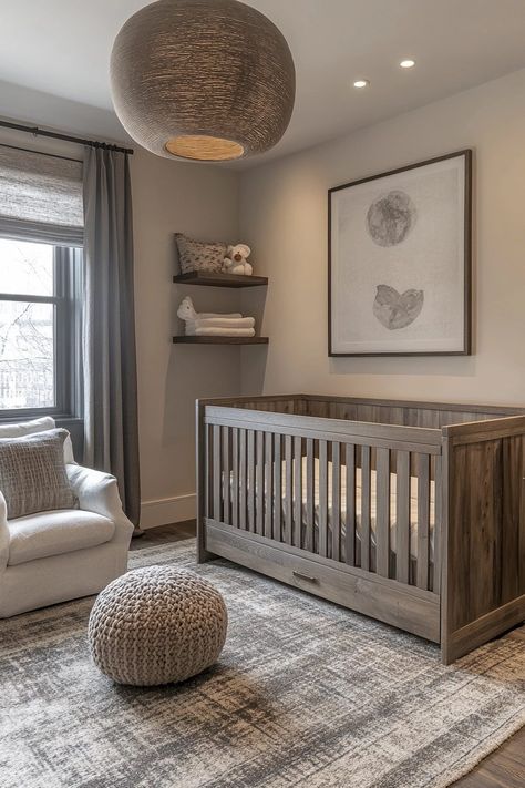 29 Neutral Nursery Ideas to Make Your Baby’s Room Feel Warm and Inviting 4 Built In Dresser Nursery, Nursery With Two Chairs, Nursery Ideas With Brown Crib, Nursery With Twin Bed And Crib, Nursery With Brown Crib, Nursery Brown Furniture, Zion Nursery, Simple Boys Nursery, Baby Room Boy Ideas