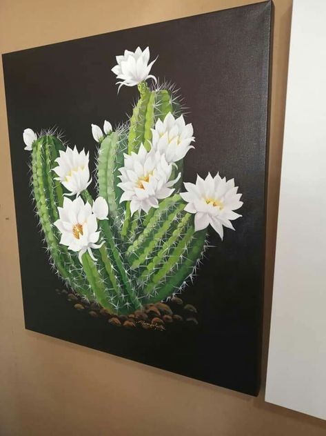 Barrel Cactus Painting, Painting Cactus Acrylic, Cactus Painting Acrylic, Cactus Chair, Black Background Painting, Rock Painting Flowers, Cactus Paintings, Mexican Artwork, Wildflower Paintings