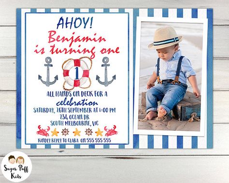 Boys Watercolor Nautical 1st Birthday Party Invition Boys Pearl Birthday Party, Nautical 1st Birthday, Nautical Birthday Invitations, Boy 2nd Birthday, 1st Birthday Invitations Boy, Sailor Birthday, Watercolor Nautical, Sailor Theme, Nautical Birthday Party