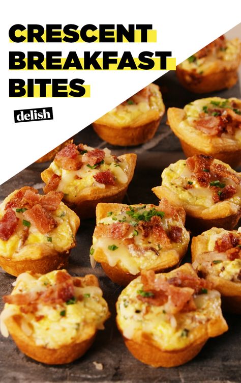 These Crescent Breakfast Bites Are Basically Mini QuichesDelish Breakfast Quiche Recipes Easy Brunch Ideas, Crescent Roll Quiche Recipes, Breakfast Appetizers Easy Brunch Recipes, Crescent Breakfast Recipes, Crescent Roll Breakfast Recipes Bacon, Pillsbury Crescent Recipes Breakfast, Crescent Roll Quiche, Pillsbury Breakfast, Quiche Bites