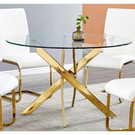 Modern dining table with tempered glass top and polished stainless steel in gold.  This product is not affiliated to any designer and is a replica item Metal Base Dining Table, Glass Round Dining Table, Gold Kitchen, Matching Chairs, Pedestal Dining Table, Glass Dining Table, Dining Room Bar, Kitchen Dining Furniture, Orren Ellis