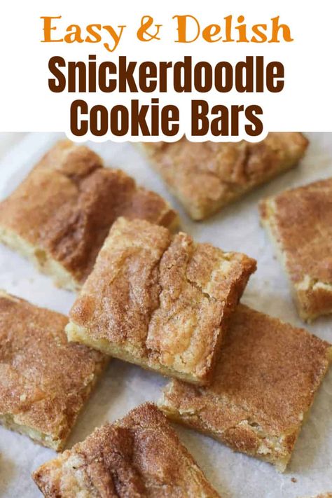 Home-made Snickerdoodle Cookie Bars! - These soft, thick, buttery, moist, cinnamon-sugar Snickerdoodle Cookie Bars are to die for! Very few ingredients and super easy to make! #snickerdoodle #bars #cookies #baking #cinnamon #blondies Cinnamon Blondies, Snickerdoodle Cookie Bars, Baking Cinnamon, Snickerdoodle Bars, Bars Cookies, Smores Dessert, Snickerdoodle Cookie, Homemade Snickers, Snickerdoodle Cookies