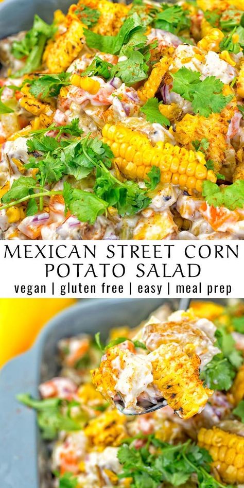 Mexican Corn Potato Salad, Street Corn Potato Salad, Elote Potato Salad, Mexican Potatoe Salad Recipes, Corn And Potato Salad, Mexican Street Corn Potato Salad, Potato Mexican Recipes, Mexican Potato Salad Recipes, Vegan Mexican Side Dishes