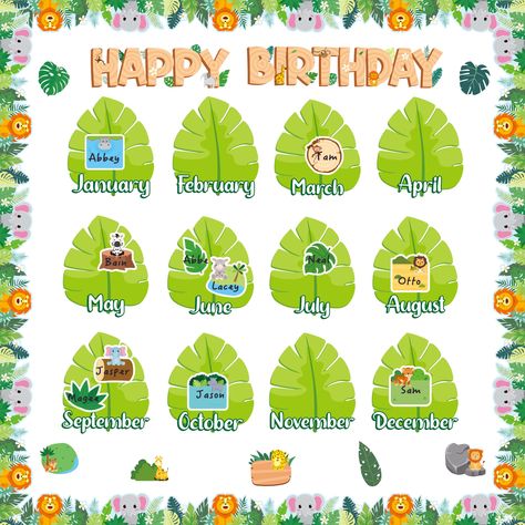 PRICES MAY VARY. Jungle Animal-Themed Birthday Set: Our BeYumi Birthday Bulletin Board Decorations - 75Pcs Jungle Animal Bulletin Board Set brings the excitement of the jungle to your classroom with a fun and engaging forest theme. Package Includes: This comprehensive kit includes 1 sheet of HAPPY BIRTHDAY banner cardstock, 12 sheets of Month cardstock, 24 sheets of animal-patterned cardstock (12 styles), 12 sheets of leaf patterned cardstock (6 styles), 20 sheets of border decoration paper, and Animals Decoration For Classroom, Birthday Boards Classroom Preschool, Animal Bulletin Board, Jungle Classroom Theme, Happy Birthday Border, Birthday Calendar Classroom, Garden Theme Birthday, Birthday Border, Classroom Chalkboard