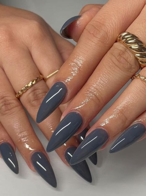 Gray Pointy Nails, Nails Inspiration On Brown Skin, Grey Oval Acrylic Nails, Gray Acrylic Nails Almond, Blue Gray Almond Nails, Dark Blue Gray Nails, Grey Stilletto Nails, Dark Blue Almond Acrylic Nails, Blue Grey Nails Acrylic