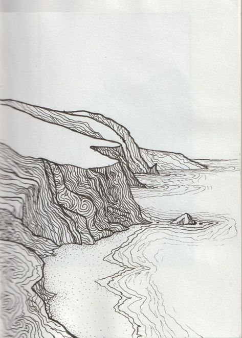 Moving Water Drawing, Cliff Edge Drawing, Nature Drawings Aesthetic, Seascape Tattoo, Shore Illustration, Coastline Tattoo, Ocean Line Art, Wave Sketch, Island Drawing