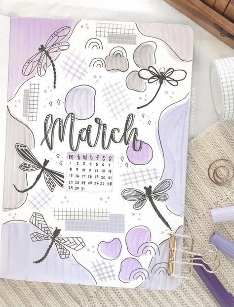 March Bujo Cover, Bujo Cover Ideas, March Bujo, Journal March, March Bullet Journal, Kalender Design, Bullet Journal Ideas Templates, Album Journal, Creating A Bullet Journal