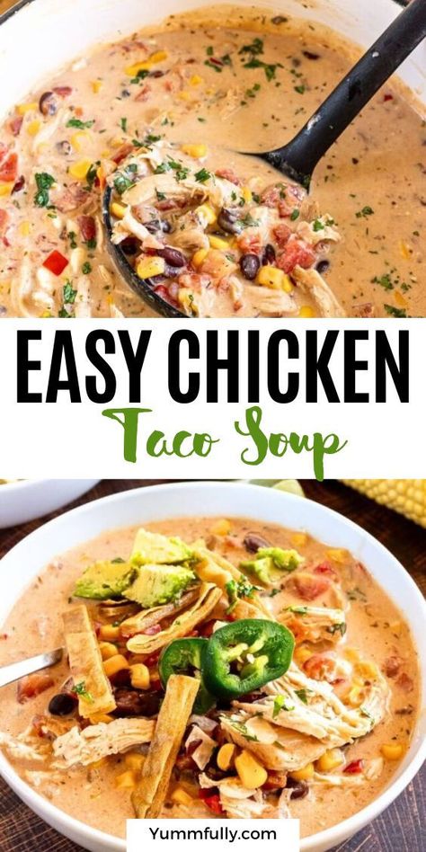 My family loves tacos and when the weather starts to get cold, I love to make a big pot of creamy chicken taco soup. This is a very easy chicken taco soup because you make it with leftover rotisserie chicken and all you have to do is dump all the ingredients into the pot! Chicken Taco Soup Healthy, Creamy Chicken Taco Soup, Easy Chicken Taco Soup, Easy Chicken Taco, Chicken Tacos Easy, Chicken Taco Soup, Leftover Rotisserie Chicken, Chicken Taco, Taco Soup