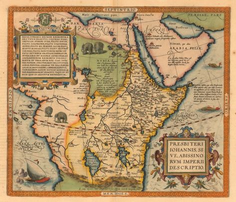 Abraham Ortelius / Prester John, or, a map of the Abyssinian Kingdom … 1573 map de[icting northeast Africa and the Arabian peninsula purports to show the lands ruled over by a mythological and legendarily rich Christian King Prester John Prester John, Savage Pictures, Satellite Maps, Map Maker, Ancient Maps, Map Globe, Africa Map, The Middle Ages, Old Maps