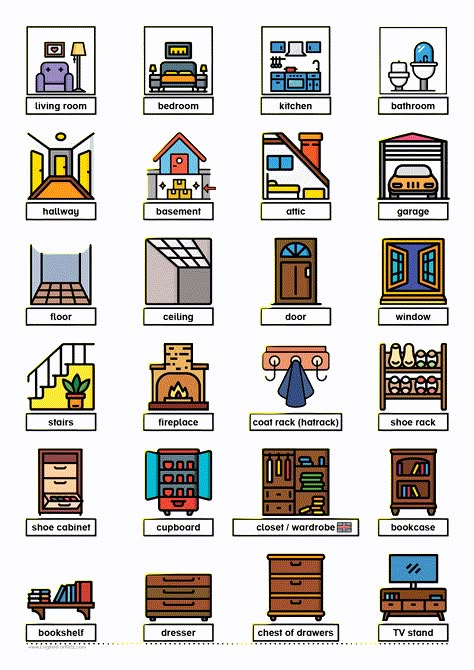 House Vocabulary, Play Based Classroom, Ingles Kids, Vocabulary For Kids, English Grammar Notes, Esl Vocabulary, English Language Learning Grammar, Town Houses, English Worksheets For Kids