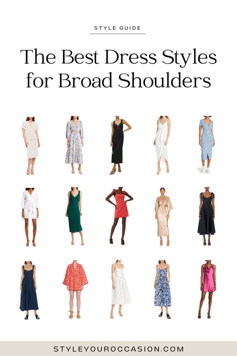 Styling Tips For Broad Shoulders, Dresses For Broad Shoulder, How To Dress For Broad Shoulders Women, Fashion For Wide Shoulders, Outfit Ideas For Broad Shoulders For Women, Dressing Wide Shoulders, Clothing For Women With Broad Shoulders, Wide Shoulder Dress, Broad Back Women Outfits