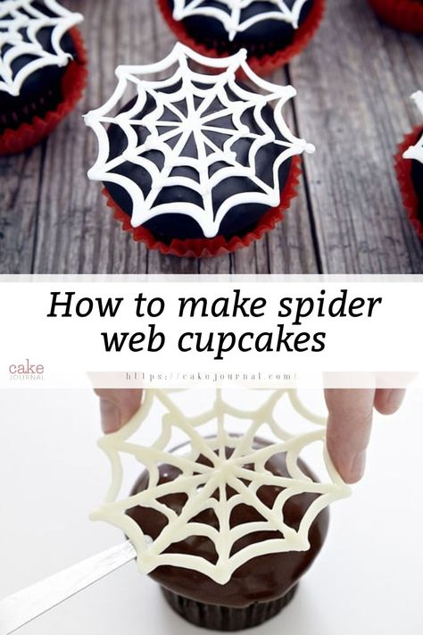 Chocolate cupcakes with spider web design on top Spiderweb Template, Spider Web Cupcakes, Haloween Cakes, Spiderweb Cupcakes, Spiderman Birthday Party, Mini Tortillas, Spiderman Party, Halloween Baking, Spiderman Cake