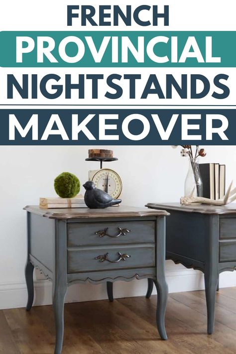 Check out this french provincial nightstands makeover with french blue furniture paint. This color has a light and airy feel, perfect for brightening up a bedroom. French Blue Furniture, Vintage Blue Paint, French Provincial Nightstand Makeover, Nightstands Makeover, Blue Furniture Paint, French Provincial Nightstands, Distressing Chalk Paint, Blue Paint Color, Blue Painted Furniture