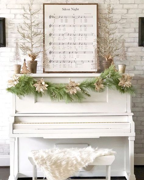 Happy Sunday! I just couldn’t wait to style this beauty! Thank you for taking on this Silent Night Wood Sign April & Eric… Upright Piano Decor, Silent Night Sheet Music, Piano Room Decor, Music Sign, Painted Pianos, Piano Decor, Christmas Piano, French Country Christmas, Front Door Christmas Decorations