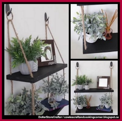 Dollar Store Crafter: Make A Hanging Rope Shelf Using Dollar Tree Items ... Hanging Shelves Ideas, Diy Dollar Store Shelf, Shelf Makeover, Hanging Rope Shelves, Rope Shelf, Shelves Ideas, Dollar Store Diy Projects, Diy Living Room Decor, Country House Design