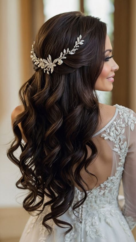 Discover stunning and elegant bridal hairstyles for long hair including half up down easy elegant Indian and updo wedding styles From intricate Indian updos to elegant veil and crown hairstyles find inspiration for your Pakistani black and boho bridal look Explore unique braid style ideas perfect for your big day Hair With Veil Half Up, Wedding Hairstyles For Long Hair Half Up The Bride, Wedding Hair Down Curls, Dark Hair Wedding Hairstyles Brides, Bridal Long Hairstyles, Wedding Updo With Bangs, Braid Style Ideas, Wedding Hair Black, Veil And Crown