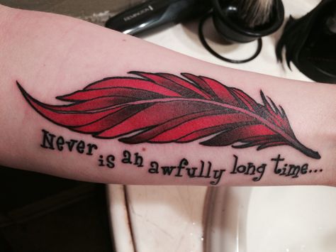 Peter pan feather tattoo Traditional Feather Tattoo, Red Feather Tattoo, Peter Pan Tattoo Ideas, Plumas Tattoo, Pan Tattoo, Feather Tattoo Colour, Peter Pan Tattoo, Cardinal Tattoos, Ma Tattoo