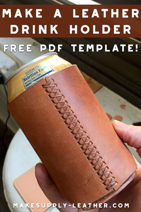 Want to make a leather drink or beer can holder? Check out this FREE PDF template and build along video. Leather Patterns Templates, Diy Leather Working, Beer Can Holder, Couture Cuir, Handmade Leather Work, Leather Working Projects, Leather Tutorial, Leather Working Patterns, Diy Leather Projects