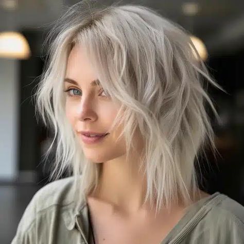 Medium Length Razored Haircut, Cool Toned Blonde, Blonde Shag, Shag Haircut Ideas, Modern Shag Haircut, Short Wavy Haircuts, Short Shaggy Haircuts, Medium Shag Haircuts, Red Blonde Hair