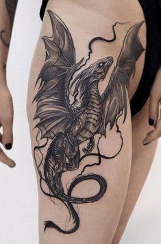 Griffon Tattoo, Thestral Tattoo, Hip Tattoos For Women, Dragon Thigh Tattoo, Black Dragon Tattoo, Hip Thigh Tattoos, Hip Tattoos, Dragon Tattoo For Women, Muster Tattoos