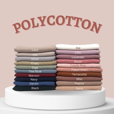 Plain Scarves - IDR 55.000 - Premium Scarves - Polycotton memiliki karakteristik tekstur yang rapat, fleksibel, tetapi dingin karena mudah menyerap keringat. Oleh sebab itulah mengapa bahan Polycotton sering dipakai sebagai bahan utama untuk pembuatan pakaian oleh brand-brand fashion yang besar dan terkenal. Bahan : Pollycotton Ukuran : 110 x 110cm Petunjuk perawatan : * Gunakan detergent yang lembut untuk pencucian * hindari pemutih * jemur di tempat teduh agar warna tidak cepat pudar - M... Abaya Business, Aso Ebi Dresses, Hijab Colors, Jenis Kain, Business Branding Inspiration, Hijab Designs, Plain Scarves, Kaftan Designs, Hijab Collection