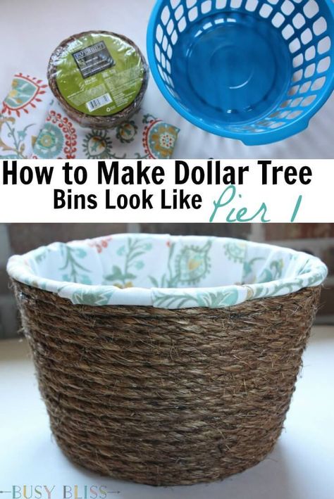 Turn cheap Dollar Tree storage bins into lined woven baskets that look like they came from Pier 1. All you need is some fabric, rope, and a glue gun. Dollar Tree Storage Bins, Dollar Tree Storage, Fabric Rope, Dollar Tree Decor, Woven Baskets, Dollar Tree Crafts, Tree Crafts, Dollar Store Crafts, Ikea Hacks