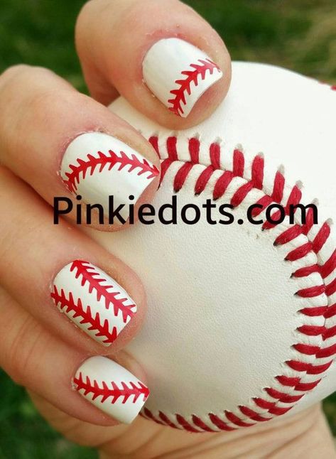 Sporty Nails, Baseball Nail Designs, Ball Nails, Baseball Nails, Sports Nails, Baseball Crafts, Finger Nail Art, Nail Tattoo, Toe Nail Designs