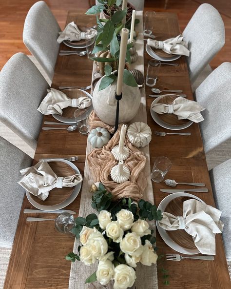 Fall dining table styling stills 🍁🍂 I thought these should have a permanent spot on my feed. Happy October! Follow @robin_skinner_home Candles, stoneware bowl, “wood look” plates table runner, eucalyptus leaves and stems all from @target Potpourri @hobbylobby Silverware & glasses @potterybarn Large vase and pumpkin candle holder @homegoods Small vase @amazon Roses @lidlus Dining Table Styling, Robin Skinner, Fall Dining Table, Pumpkin Candle Holder, Pumpkin Candle, Happy October, Pumpkin Candles, Stoneware Bowl, Table Styling