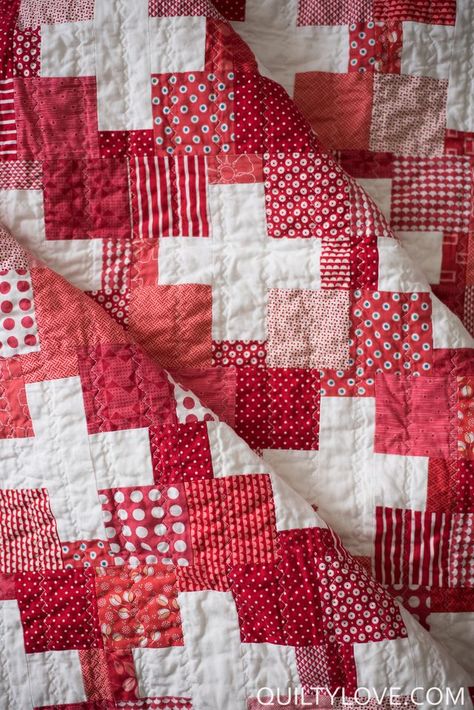 Red Scrappy Swiss Plus Quilt | Quilty Love | Bloglovin’ Quilty Love, Granny Square Quilt, Walking Foot Quilting, Perfect Binding, Plus Quilt, Two Color Quilts, Cross Quilt, White Quilts, Red And White Quilts