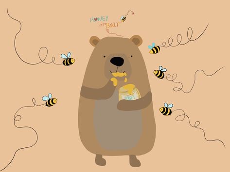 Honey bear Bear With Honey Drawing, Honey Bear Drawing, How Bees Make Honey, Honey Pictures, Honey Illustration, Honey Book, Bears Art, Doodle Bear, Bee Kitchen