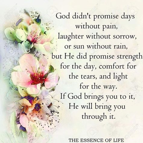 God didn't promise days without pain. laughter without sorrow, or sun without rain, but He did promise strength for the day, comfort for the tears, and light for the way. If God brings you to it, He will bring you through it. Good Night Prayer, Special Prayers, Prayer For Family, Night Prayer, Prayers For Healing, Prayer Board, Bhagavad Gita, Morning Prayers, Gods Promises