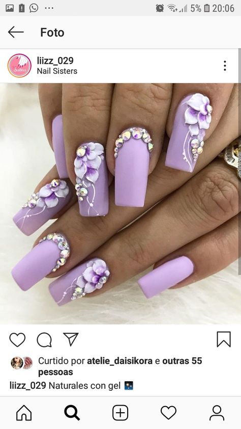 Lavender Color Nail Designs, Lavender Glam Nails, Wedding Nails With Purple Accent, Purple Nails With 3d Flowers, Wedding Nails Lilac, Light Purple And Silver Nails, Lavender Nails With Flowers, Purple Wedding Nails For Bride, Purple Floral Nails