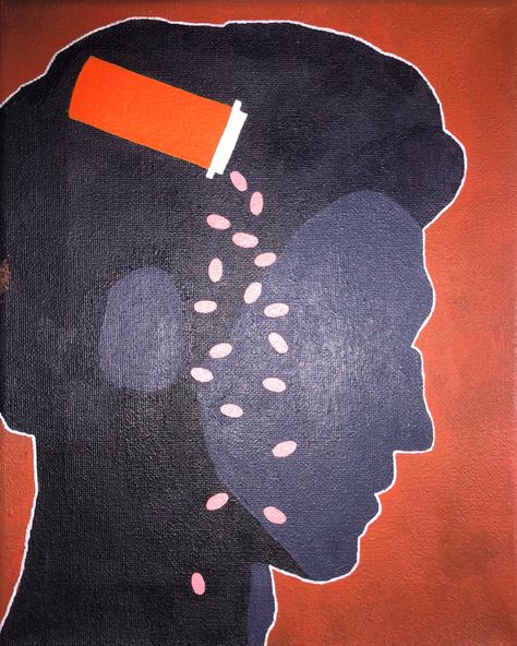 A Conceptual acrylic painting of a mans side profile silhouette  in dark purple, with pills pouring out of an orange bottle, on a orangey brown background. Pill Bottle Spilling, Spilled Paint Art, Spilled Pill Bottle Drawing, Pill Bottle Painting, Pill Bottle Art, Pill Artwork, Pill Painting, Pill Bottle Drawing, Pill Art