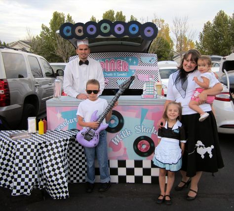 50's Diner Trunk-or-Treat 50s Theme Trunk Or Treat, Trunk Or Treat 50s Theme, Sock Hop Trunk Or Treat, 50s Diner Trunk Or Treat, 50s Diner Decorations, Family Trunk Or Treat Themes, Trunk Or Treat Ideas For Cars, Trunk Or Treat Decorating Ideas, Treat Decorating Ideas