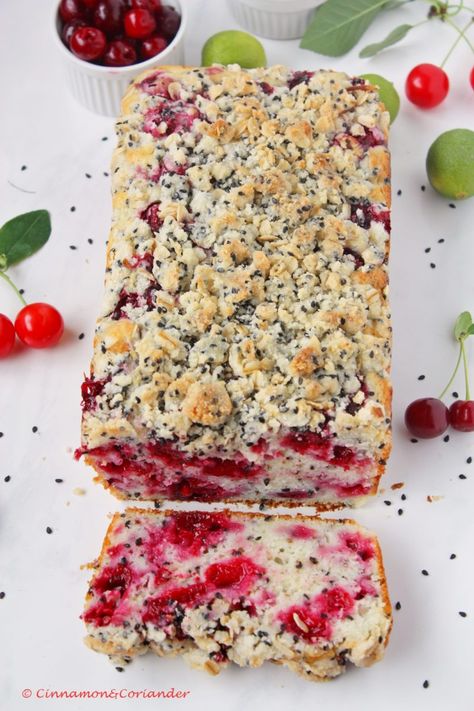 Sour Cherry Cake with Black Sesame & Lime - Cinnamon&Coriander Cherry Bread Recipe, Sour Cherry Recipes, Cherry Bread, Loaf Cakes, Vanilla Recipes, Boozy Desserts, Cake Recipes From Scratch, Cherry Recipes, Sour Cherry