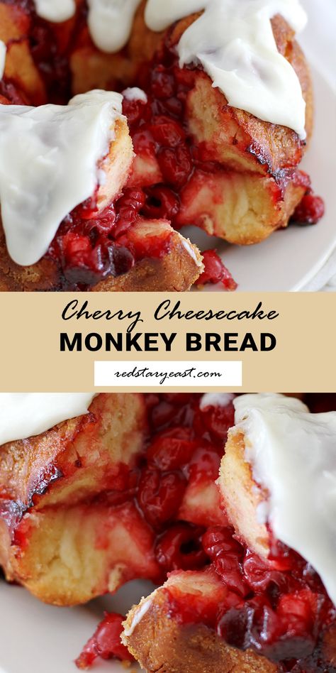 Have dessert for breakfast with this decadently delicious Cherry Cheesecake Monkey Bread, filled with layers of cherry pie filling, graham cracker crumbs, soft pull-apart dough and a cream cheese icing. Sweet Monkey Recipes, Breakfast Pies, Cherry Bread Recipe, Decadent Recipes, Monkey Breads, Cherry Bread, Monkey Bread Recipe, Dessert For Breakfast, Cherry Desserts