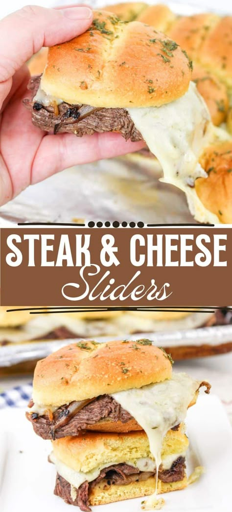 Steak and Cheese Sliders Smoked Slider Recipes, Cheese Steak Appetizers, Steak Appetizer Recipes, Football Game Meal Ideas, Game Day Meals Dinners, Steak Sliders Recipes, Steak Sandwich Recipes Easy, Steak And Cheese Sliders, Football Food Ideas Dinners