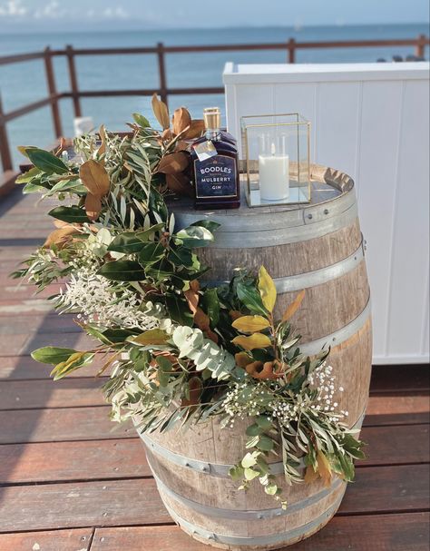 Flowers On Wine Barrels Wedding, Wedding Barrels With Flowers, Wine Barrel Floral Arrangement, Whiskey Barrel Wedding Decor, Wine Barrel Wedding Ceremony, Wine Barrel Flower Arrangements, Wine Barrel Wedding Flowers, Wedding Wine Barrel, Wine Barrel Flowers