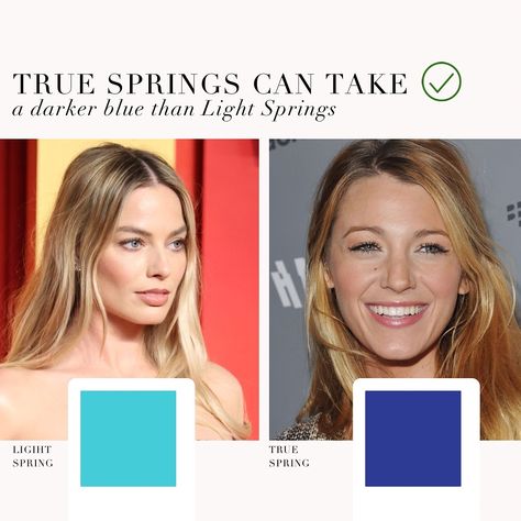 Light Spring VS True Spring comparison 🤍 . #coloranalysis #colouranalysis #lightspring #truespring #warmspring #margotrobbie #blakelively #coloranalyst Light Spring Celebrities, True Spring Color Palette, Warm Spring Outfits, True Spring Colors, Color Seasons, True Spring, Colour Analysis, Instagram Light, Clear Spring