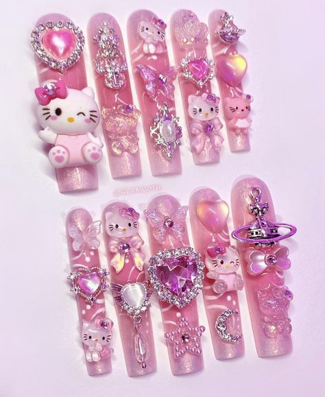 Nails With 3d Charms, Glamgoth Nails, Pressons Nails, Unicorn Chrome, Square Nail Tips, Paznokcie Hello Kitty, Hello Kitty Nail, Kitty Nail, Junk Nails